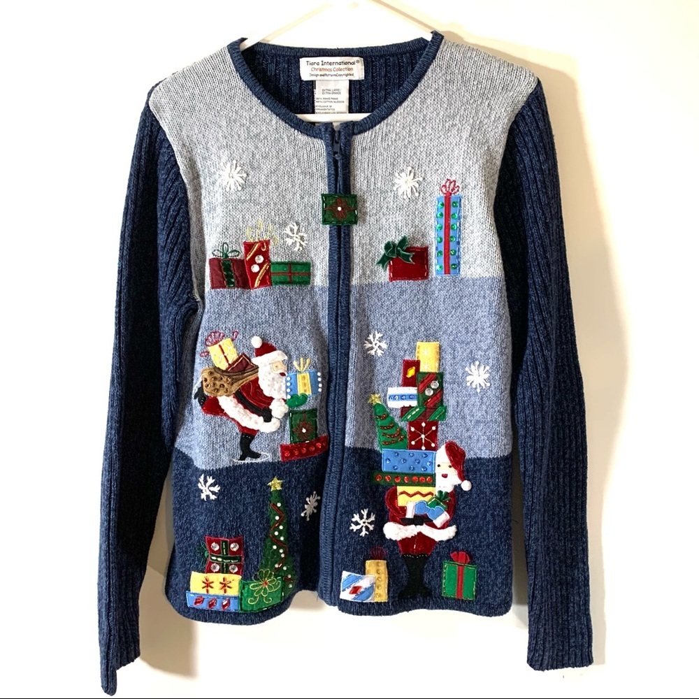 Tiara Christmas Sweater Santa and Presents Zip Cardigan